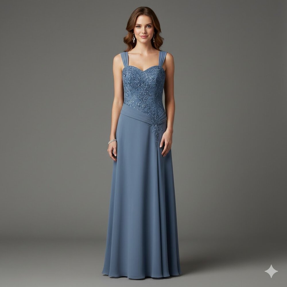 Steel Blue Chiffon Gown w/ Capelet